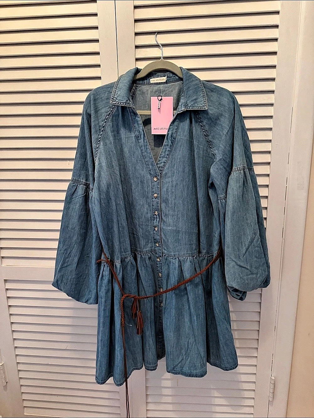 Avec Les Filles Denim Drop Waist Cotton Shirtdress  Dress Blue Size 14